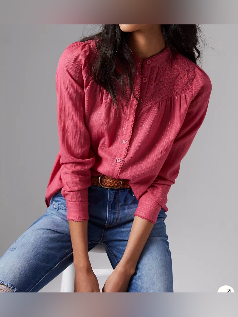 Pilcro Pink & Gold Metallic Striped Lace Accent Button-Down Blouse - Size 4